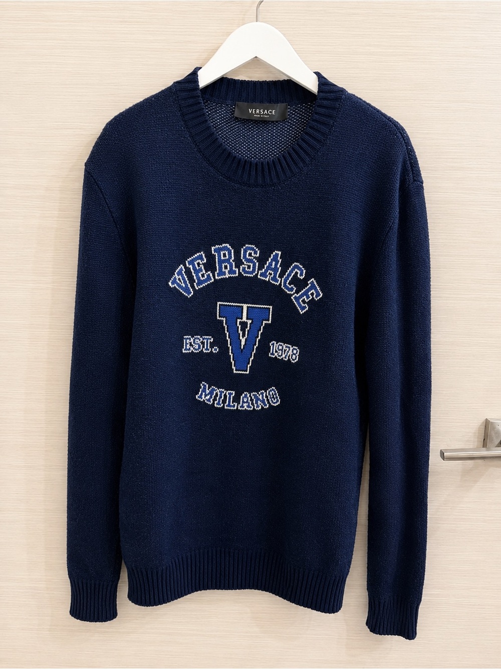 Versace Navy Blue Milano Logo Crewneck Sweater